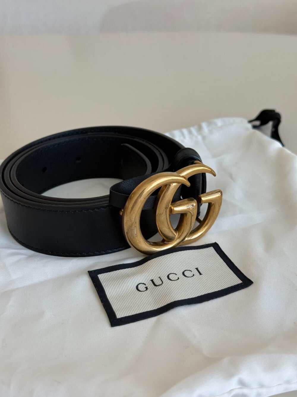 Gucci GG Marmont Double G Black Leather Belt Antique Gold Buckle Unisex